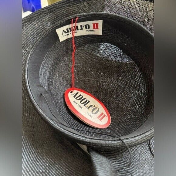 VTG NWT Adolfo II Black Straw Rhinestone Trim Hat - Picture 13 of 13